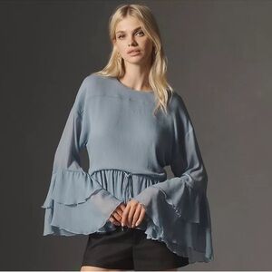 Anthropologie Light Blue Ruffle Sleeve Blouse